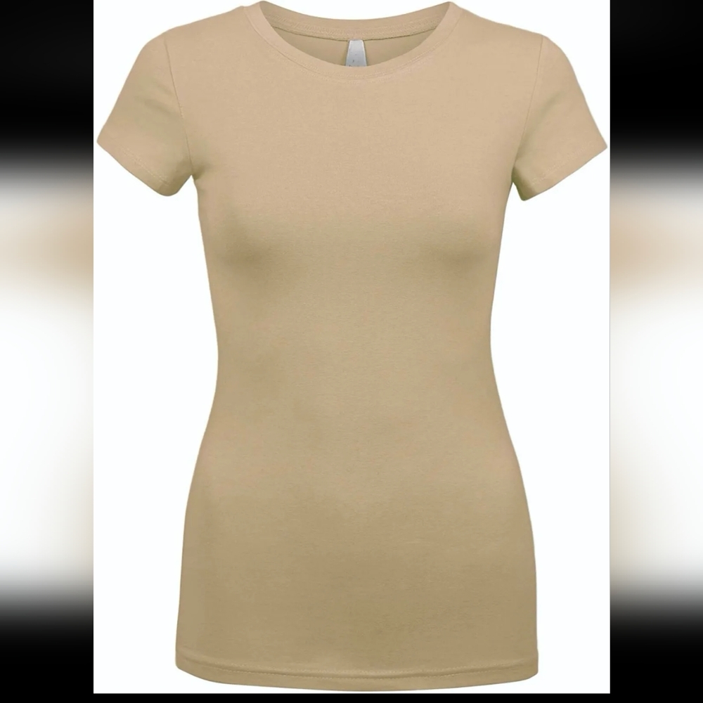 Beige khaki short sleeve basic round neck crew solid cotton fitted tshirt top